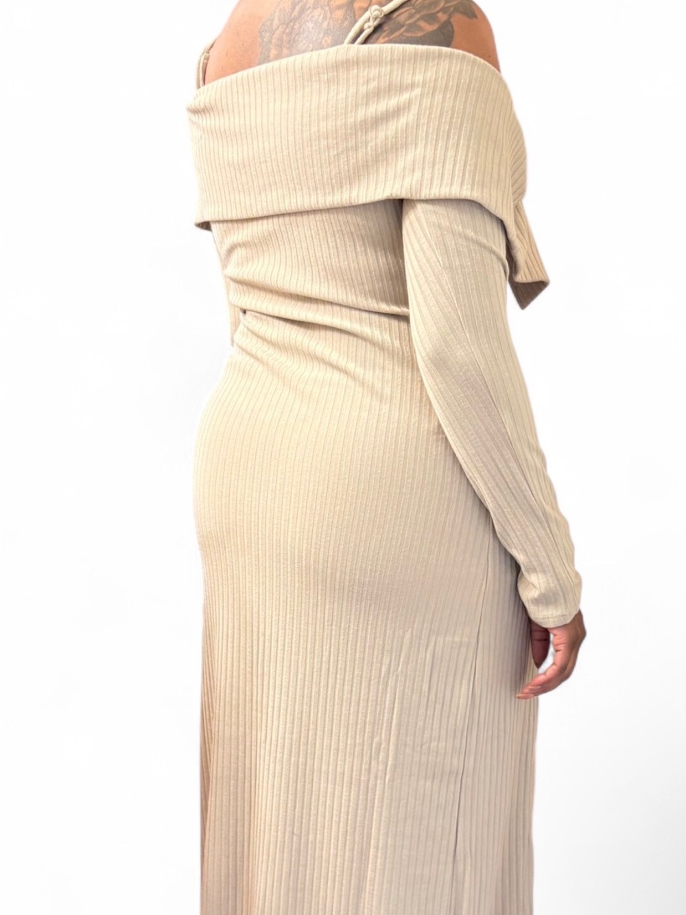 Finesse Off-Shoulder Ribbed Button-Front Knit Set in Beige - Picture 2 of 6